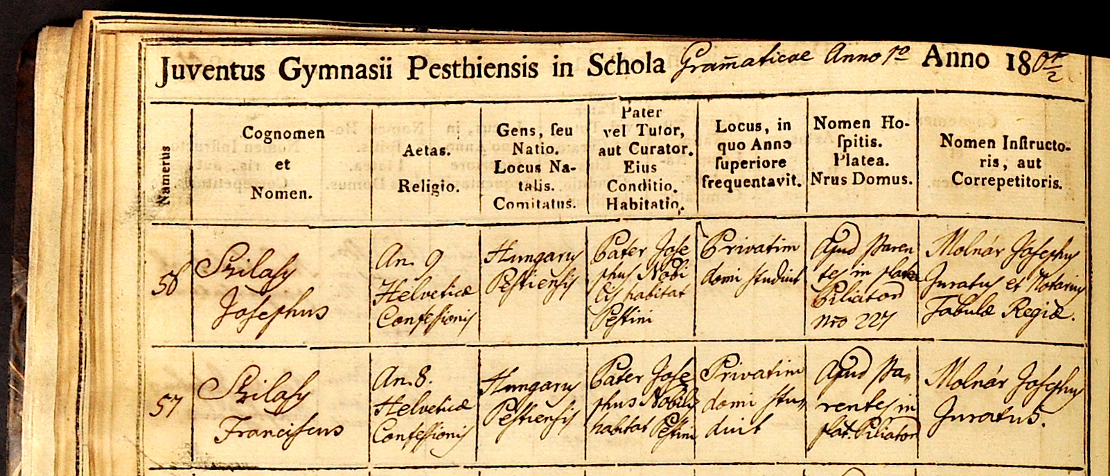 Szilassy József és Ferenc beiratkozási bejegyzése a pesti piarista gimnázium anyakönyvében, 1701 (Piarista Rend Magyar Tartománya Központi Levéltára, III.9: Pesti gimnázium levéltára, a: Régi levéltár, 1: Anyakönyvek, 27. kötet (1801/1802).